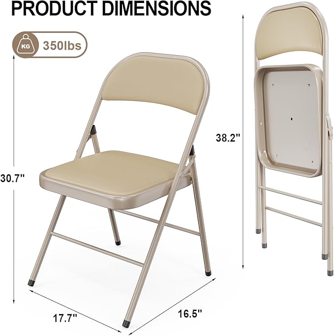 VINGLI 6 Pack Folding Chairs with Padded Seats, Metal Frame with Pu Leather Seat & Back, Capacity 350 lbs, Set of 6, Khaki VINGLI
