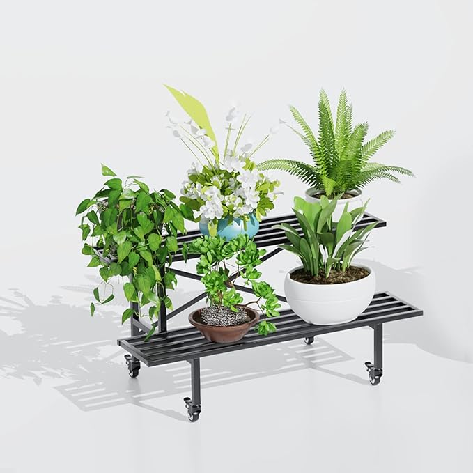 Zhongma 2 Tier Sturdy Metal Plant Stand with Wheels Heavy Duty Plant Holder for Home Indoor and Outdoor,L45.67 x W17.5 x H16.14 inch,440 LBS Capacity & Heavy Duty Construction Zhongma