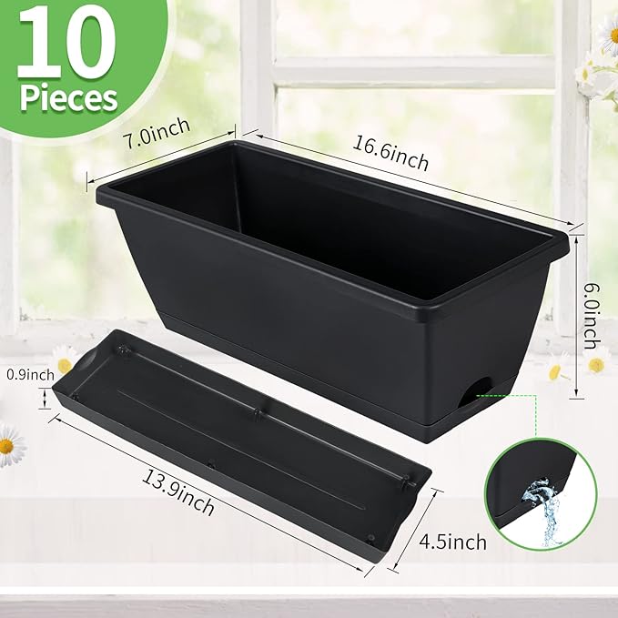 Window Box Planter, 10 Pack Plastic Vegetable Flower Planters Boxes 17 Inches Rectangular Flower Pots with Saucers for Indoor Outdoor Garden, Patio, Home Decor (Black) CHUKEMAOYI