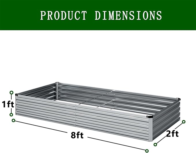 8×2×1FT(2PCS) Galvanized Raised Garden Bed Kit, Metal Planter Boxes，Large Outdoor Planters Garden for Planting Vegetables,Flowers,Herbs -Silver ZUNUDA