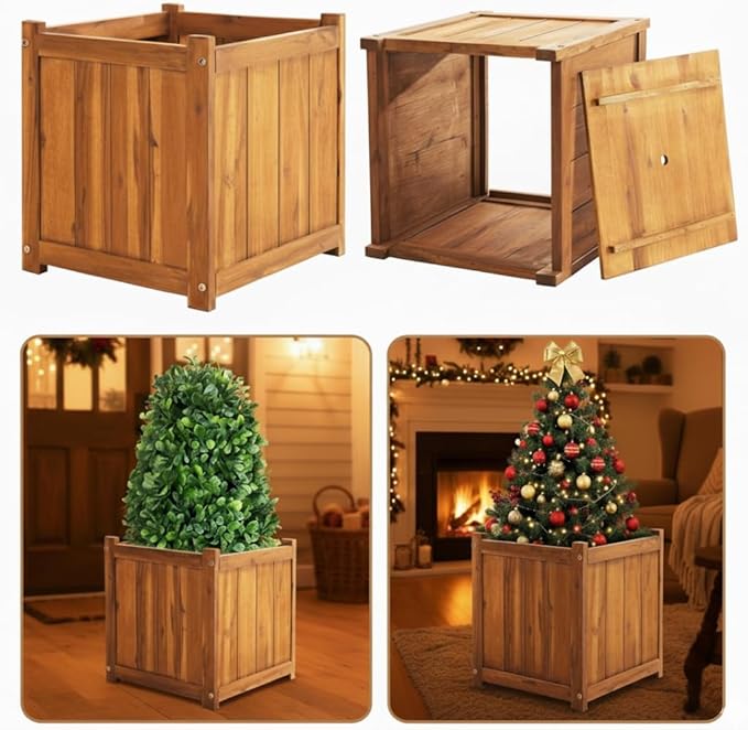 Idzo Set of 2 Hardwood Outdoor Flower Box, Durable Acacia Wood Flower Boxes for Outdoor Plants with Ergonomic Handles, Drainage Holes, Multiple Sizes Wood Bucket Planter for Home Décor Idzo