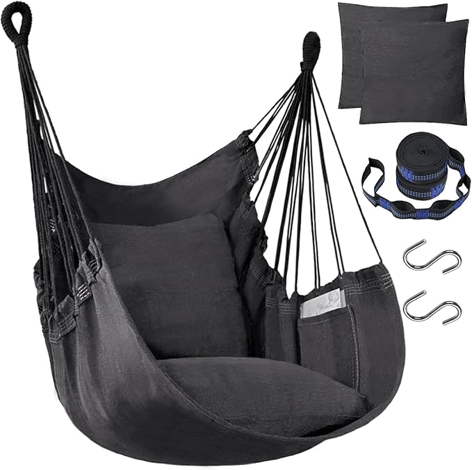 Halalona Hammock Chair Hanging Hammock Chair Rope Swing 2 Cushions Included-Sturdy & Durable Soft Cotton Hand Woven Hammock Swing for Bedroom, Porch, Patio-Indoor/Outdoor Halalona