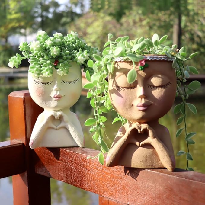 Face Planter Pot with Heart Hands, Resin Head Planter for Indoor Plants, Cute Succulent Pots with Drainage Hole, Gardening Gifts for Women Mom Teacher, 7.3" Home Decor (White) MeltsetM