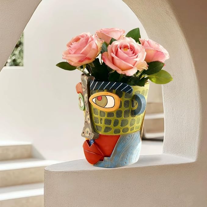 Picasso Abstract Face Flower Pot,Unique Resin Crafted Planter with Drainage Holes,Interesting Colorful Planter with Human face,for Indoor and Outdoor Botanical Home décor (Modern) Rootora