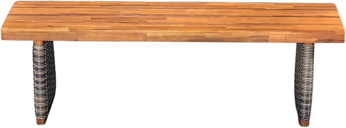 Christopher Knight Home Pasco Acacia Wood Outdoor Dining Table Set for 6, Wicker Patio Dining Set with Acacia Wood Table and Bench, Patio Table and Chair Set with Cushion+Rope Backrest,Black+Teak+Grey ChristopherKnightHome