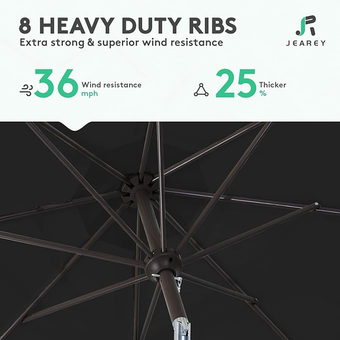 JEAREY 9FT Outdoor Patio Umbrella Outdoor Table Umbrella with Push Button Tilt and Crank, Market Umbrella 8 Sturdy Ribs UV Protection Waterproof for Garden, Deck, Backyard, Pool (Black) JEAREYOutdoorsCollection