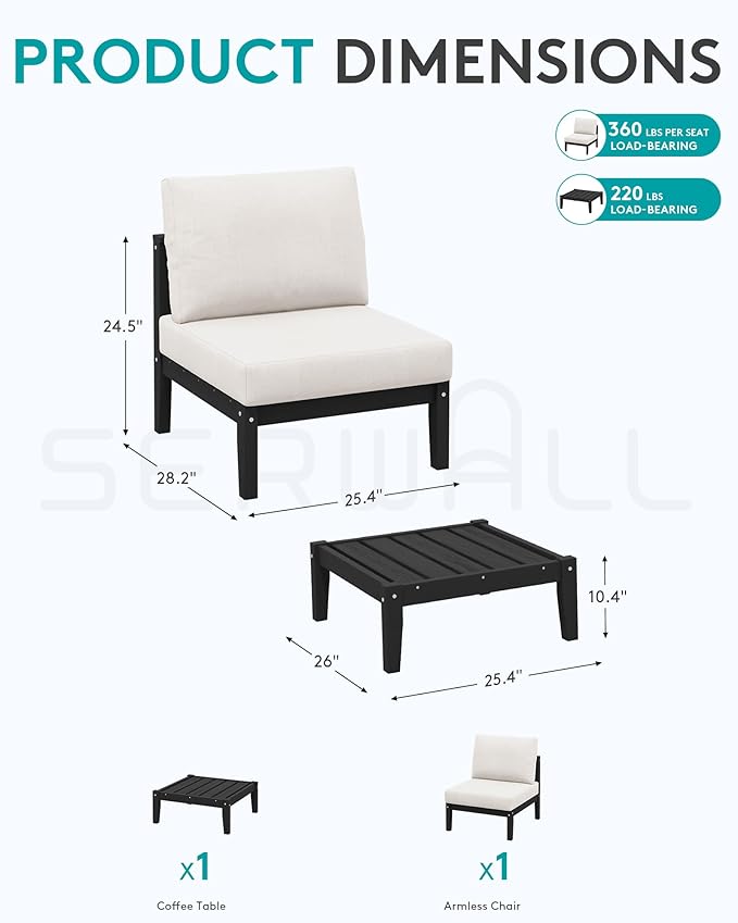 SERWALL HDPE Patio Furniture Set, 2 Pieces Outdoor Sectional Sofa Set, All-Weather Wood-Like Outdoor Sofa Couch with Coffee Table for Deck, Lawn, Black Frame with Khaki Cushion SERWALL