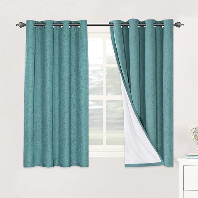 H.VERSAILTEX Linen Blackout Curtains 54 Inches Long 100% Absolutely Blackout Thermal Insulated Textured Linen Look Curtain Draperies Anti-Rust Grommet, Energy Saving with White Liner, 2 Panels, Teal HVERSAILTEX