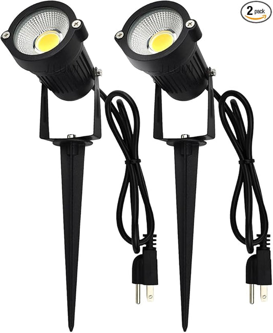 GSS6005 Plug in Spotlight Outdoor, 5W LED Landscape Spotlight 120V, 3000K Warm White, Metal Construction with Ground Stake, 3ft Cord and Plug, Black (Pack of 2) JAYLUMI