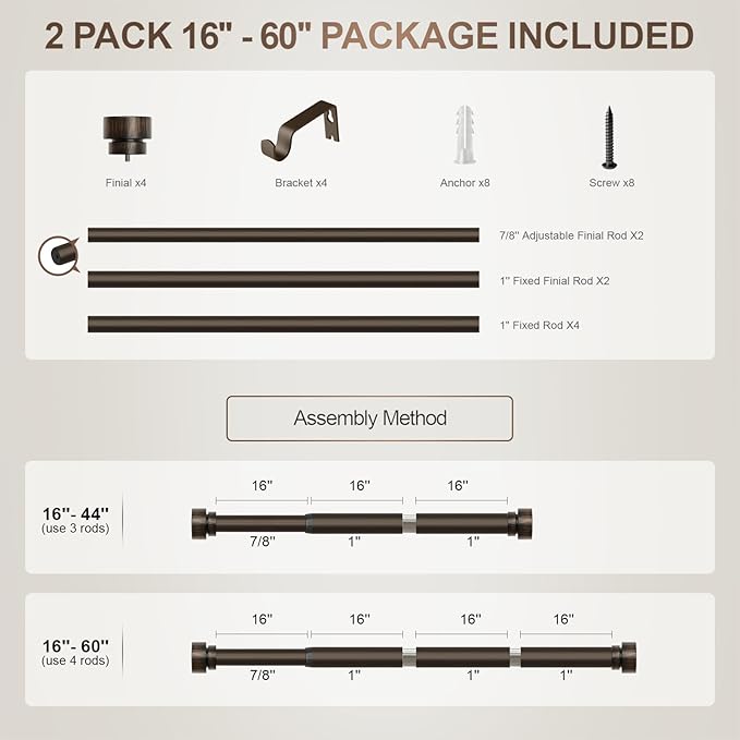 2 Pack Modern Antique Brown Bronze Curtain Rods for Windows 16 to 60 Inches Adjustable Heavy Duty 1" Diameter Window Rod with Decorative Finials for Outdoor Farmhouse Bedroom Kitchen Living Room Rootora