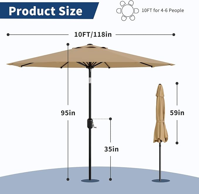 10 ft Patio Umbrella - 8 Sturdy Ribs Outdoor Table Umbrella with Crank Lift & Push Button Tilt - Market Umbrella for Pool, Deck, Yard, Garden - Tan Garvee