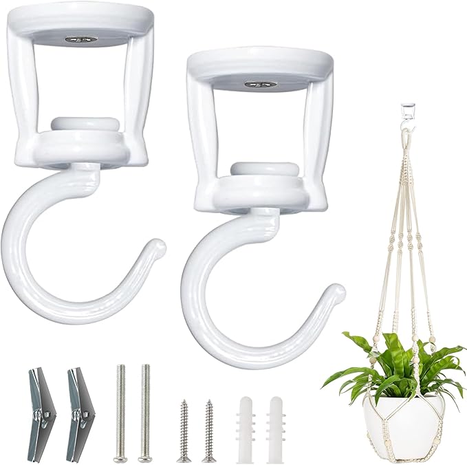 Mkono Ceiling Hooks for Hanging Plants, Heavy Duty Metal Plant Hanger for Drop Ceiling, Swag Hook for Hanging Planters, Lights, Birdfeeders, Indoor Outdoor Decorative Screw-in Hooks (White 2 Pack) Mkono