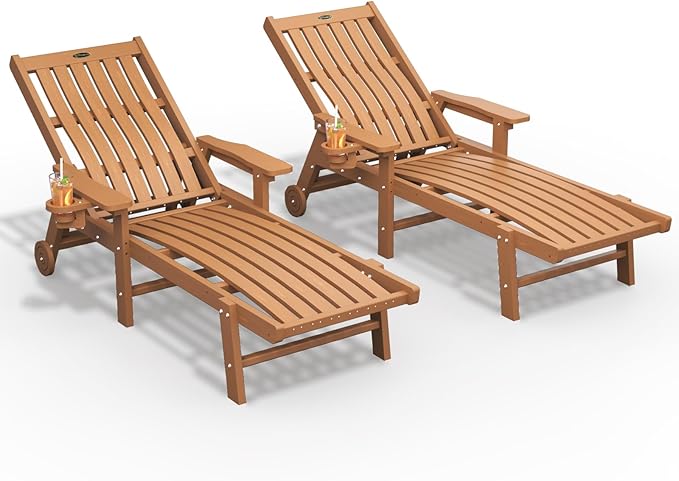 Patio Chaise Lounge Chair Set of 2, Oversized Lounge Chair Outdoor with 5 Positions, HDPE, Patio Lounge Chair with Wheels & Cup Holder for Pool, Deck, Poolside,Wood THOEOE