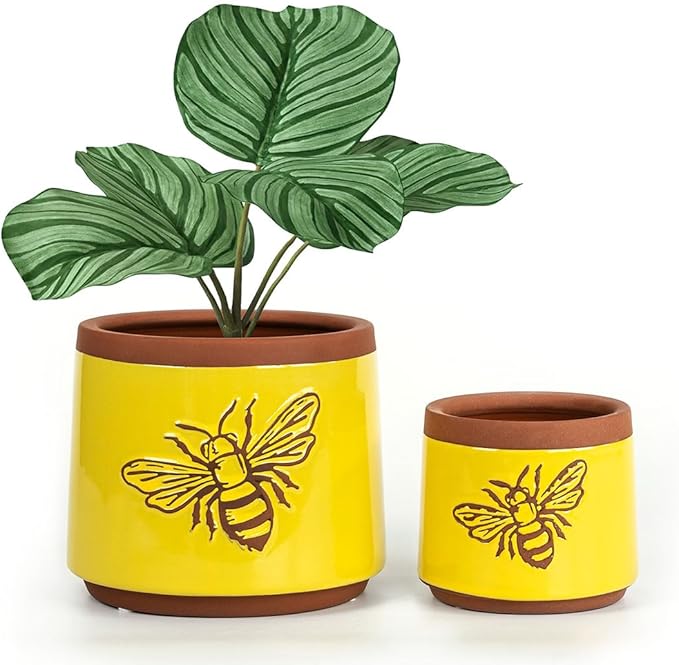 YBX Terracotta Pots Inch with Drainage Holes, Bee Decor, Ceramic Pots for Indoor Plants Flower Pots Outdoor, Succulent, Herbs, Snake Plants (Yellow, 6+4 Inch) YBXYIBOXUAN