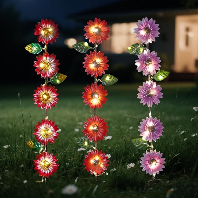 Set of 3 Solar Garden Lights,22.6'' H Flowers Decorative Garden Stakes,Waterproof Metal Spring Yard Art Decor,Solar Stake Lights for Outside,Lawn,Yard,Patio SATHGA