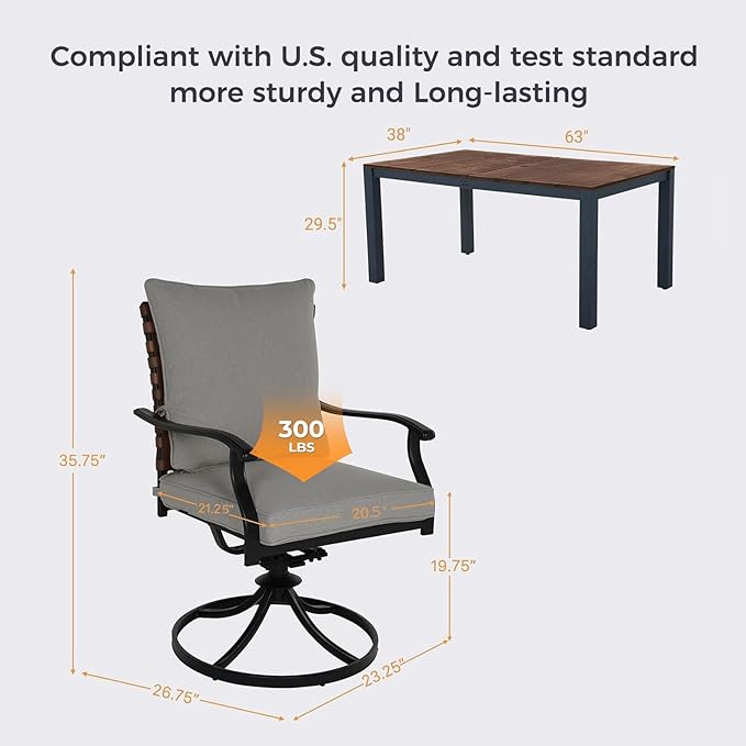 Grand patio 7-Piece Outdoor Dining Set, 6 Leather-Look Resin Wicker Swivel Patio Chairs & 1 Rectangular Woodgrain Dining Table, Brown GrandPatio