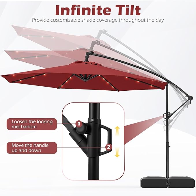 Tangkula 10ft Solar LED Patio Umbrella with Base, Offset Cantilever Outdoor Umbrella with 32 LED Lights, Infinite Tilt, 360 Degree Rotation, Crank Handle for Pool Deck Garden Backyard (Wine) TANGKULA