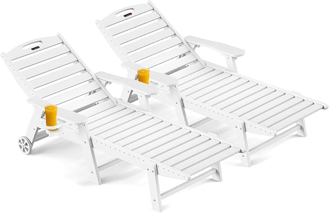 Outdoor Chaise Lounge Chair Set of 2, Patio Lounge Chairs for Outside, HDPE Lounge Chairs with Wheels & Cup Holder, Poly Lounge Chair with 5 Position for Poolside, Deck, White CIOKEA