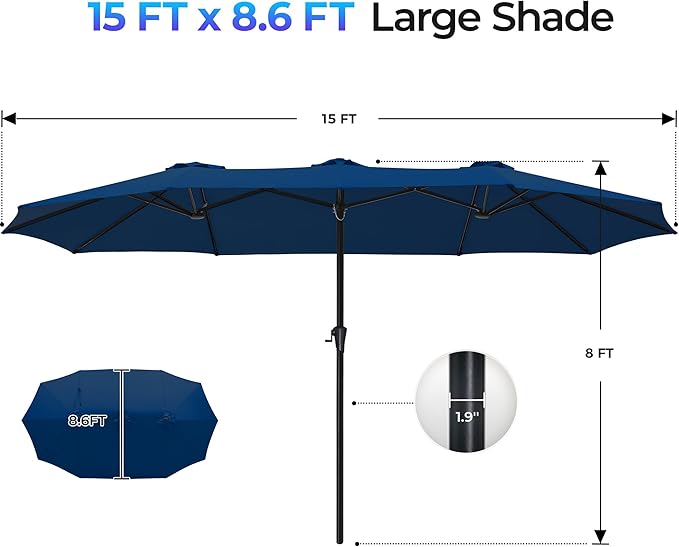 SUPERJARE 15FT Outdoor Umbrella for Patio, Double sided Pool Umbrellas with Fade Resistant Canopy, Large Table Umbrella for Deck, Market, Backyard - Navy Blue SUPERJARE