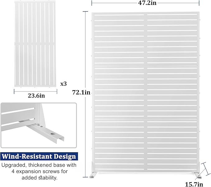 FENCY Outdoor Privacy Screen, 72" H×47" W Metal Privacy Screen, Outdoor Freestanding Privacy Screen & Panels for Deck Patio Balcony(White-Louvered) FENCY