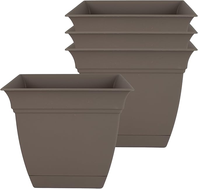 The HC Companies 8 Inch Eclipse Square Planter Pots with Drainage Holes & Attached Saucer, Lightweight UV-Resistant Plastic Indoor Outdoor Planters, 4-Pack Flower Pots, Garden Home Decor, Cappuccino TheHCCompanies