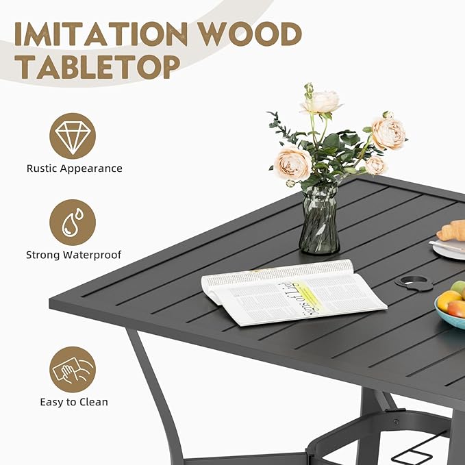 MELLCOM 37''x37'' Outdoor Dining Table for 4, E-Coating Metal Patio Dining Table with 1.57'' Umbrella Hole, All-Weather Black Square Table for Porch, Garden, Backyard, Poolside MELLCOM