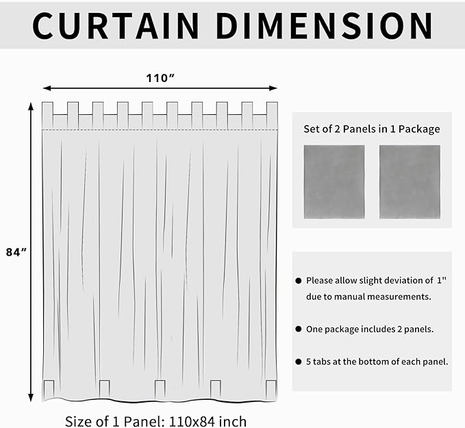 Easy-Going Outdoor Patio Curtains Detachable Tab Top Windproof Weatherproof Curtain for Cabana, Porch, Pergola and Gazebo, Tab Bottom Drape, 2 Panels, 110W x 84L inch, Light Grey Easy-Going