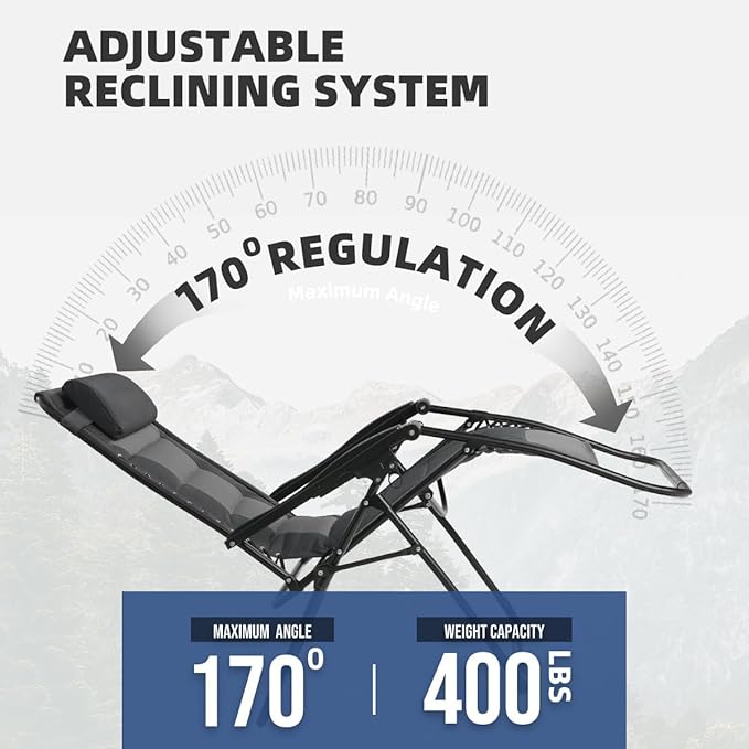 Zero Gravity Chair Oversized Padded Recliner with Adjustable Headrest & Cup Holder - XL 600D Oxford Folding Lounge Chair for Outdoor Camping, Patio, Poolside (Black & Gray) Rootora