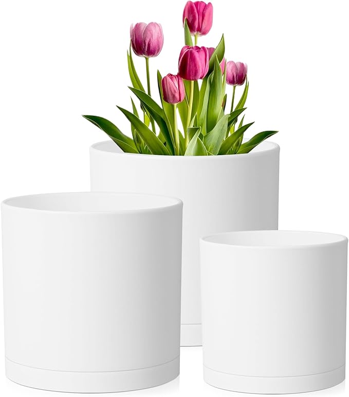 10/8/6 inch Deep Flower Pots, 3 Pack Cylinder Tall Plant Pots for Outdoor Indoor Plants, Large Decorative Plastic Planters with Drainage Holes and Saucers for Garden House Plants, White Meowell