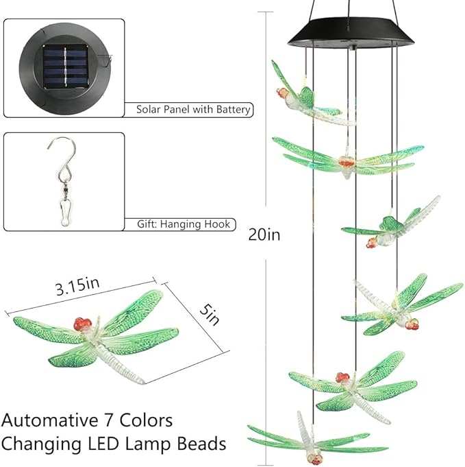 Toodour Solar Wind Chimes Outdoor, Color Changing Solar Lights Dragonfly, Gifts for Mom Grandma, Waterproof Decorative Mobile Light, Gardening Gift for Garden,Patio, Window, Yard, Outdoor Decor Toodour