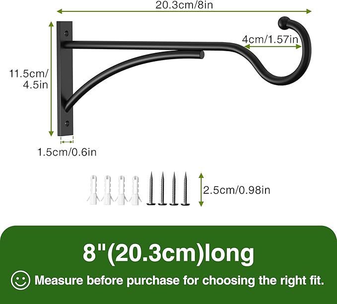 8 Inch 2 Pack Heavy Duty Plant Hangers Outdoor, Metal Plant Brackets for Hanging Baskets, Plant Wall Hooks for Bird Feeders, Wind Chimes & Lanterns, Premium Metal Hooks Matte Black, 30lbs Capacity saffruff
