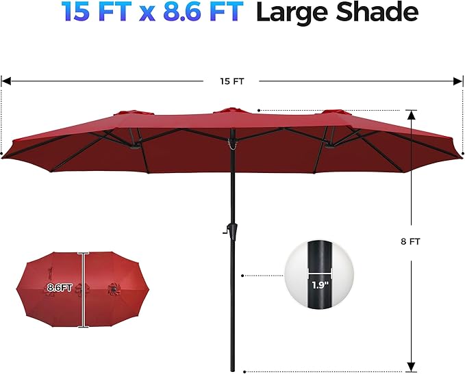 SUPERJARE 15FT Outdoor Umbrella for Patio, Double sided Pool Umbrellas with Fade Resistant Canopy, Large Table Umbrella for Deck, Market, Backyard - Burgundy SUPERJARE