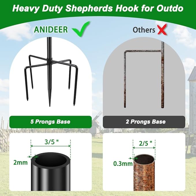 48 Inch Shepherds Hooks for Outdoor, Heavy Duty Bird Feeder Pole with 5 Prong Bases, Garden Hanging Stake for Bird Feeder, Solar Light, Plant Hanger, Wedding Decor, Metal Hanger Hooks, Black, 2 Packs Anideer