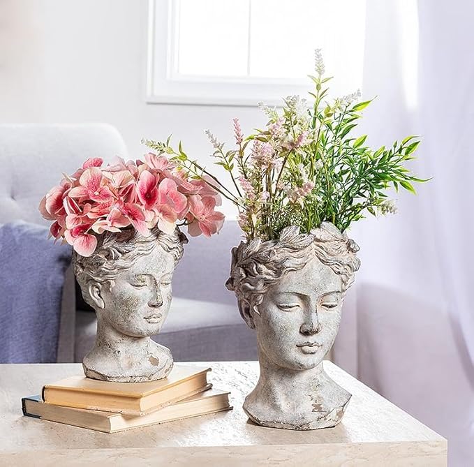 Abbott Collection Goddess Head Planter – Large Cement Indoor and Outdoor Planter Pot – Grecian Woman Statue Head Planter for Flowers and Succulents (Grey, 10" Tall, 4.5" Opening) AbbottCollection