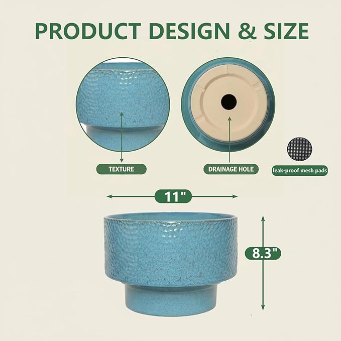 Ceramic Planters 11 Inch, Honeycomb Ceramic Pots for Plants Indoor Outdoor, Round Plant Pot with Drainage Hole, Large Planter Flower Pot, Reactive Glaze Blue Fzfeiyy