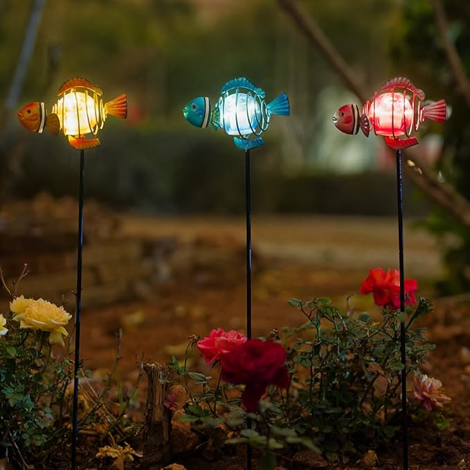 Fish 3Pack 21.3''H Outdoor Figurine Lights, Multicolor Clownfish Solar Garden Decor with Led Lights, Decorative Garden Stake for Yard, Patio, Lawn SATHGA