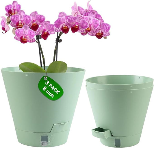 Self-Watering-Pots-for-Indoor-Plants, 8 Inch Flower Pots for Indoor Plants, 3 Packs Plastic Planters with Drainage Holes and Saucers Pottiffe