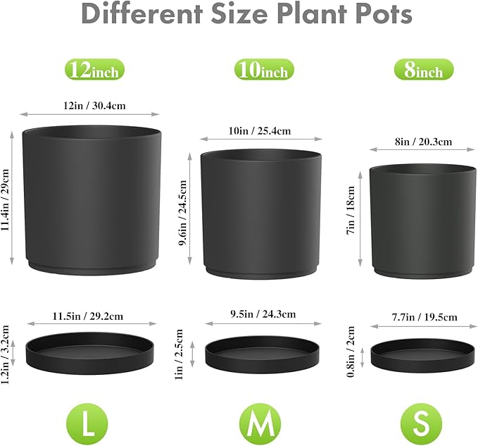 12/10/8 inch Large Deep Plant Pots, 3 Pack Tall Cylinder Flower Pots for Outdoor Indoor Plants, Plastic Planters with Drainage Holes and Saucers for Garden Porch House Plants, Black Meowell