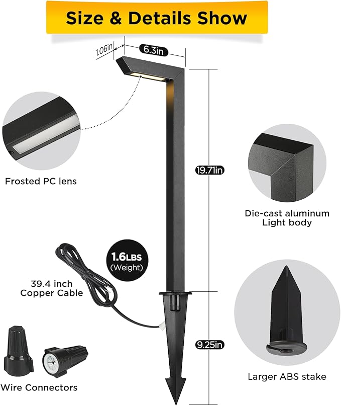 Gardencoin 3CCT LED Low Voltage Landscape Pathway Light, 12V Premium 3000K/4000K/5000K Selectable Path Lights Wired, Modern Walkway Lights Outdoor, Higher Housing with Larger Stake (19.7IN, 8 Pack) Gardencoin