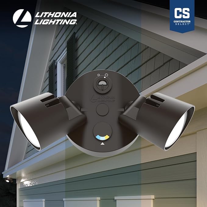 Lithonia Lighting HomeGuard 2-Light LED Outdoor Flood Lights, Outdoor LED Lights, Dusk to Dawn Sensor, Adjustable Lumens, Selectable Color, Round Heads, Dark Bronze (HGX LED 2RH ALO SWW2 120 PE DDB) AcuityBrands