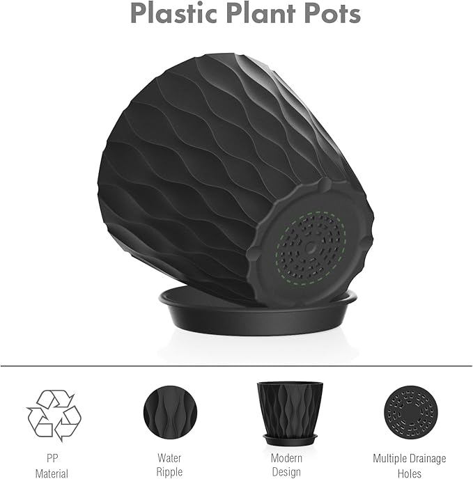 4 inch Small Plastic Nursery Pots, Seedling Pots, 5 Set Water Ripples Plant Pots for Indoor Plants, Flower Pots with Drainage Holes and Saucers, Seed Starter Pots for Succulent Plants, Black Meowell