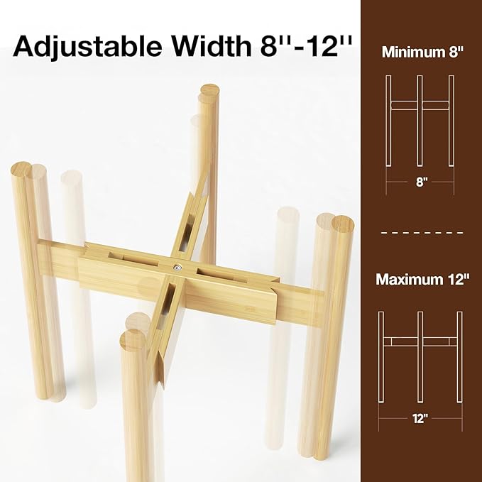 MUDEELA Plant Stand for Indoor Plants: Adjustable Width Fits 8-12 Inch Pots - Mid-century Modern Bamboo Plant Stand - 14.5 Inch Single Tier Small Floor Plant Holder, Natural, 2 Pack (Without Pot) MUDEELA