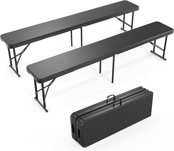 VINGLI 6 feet Plastic Folding Bench,Portable in/Outdoor Picnic Party Camping Dining Seat, Garden Soccer Multipurpose Entertaining Activities, Tree Patterned HDPE Tabletop, 2 Pack, Black VINGLI