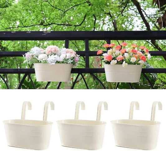 Meltset 3 Pack Metal Iron Hanging Flower Pot, Oval Railing Fence Garden Balcony Planter Pots, Metal Bucket Flower Holders for Wall Indoor Outdoor Home Décor, Beige MeltsetM