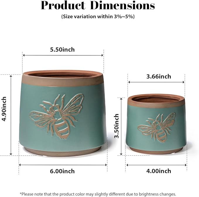 YBX Terracotta Pots with Drainage Holes, Bee Decor, Planter for Indoor Plants, Flower Pots Indoor Succulent, Herbs, Snake Plants (Turquoise, 6+4 Inch) YBXYIBOXUAN