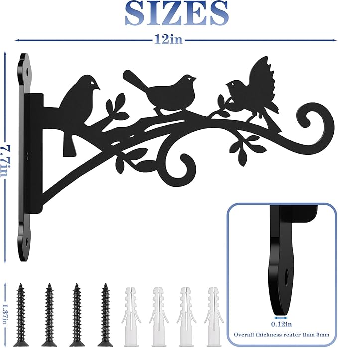 Metal Hanging Plant Bracket with Birdie Pattern 2 Pack – Heavy Duty Plant Hooks for Hanging Flower Baskets，Plants, Bird Feeder, Wind Chime - Indoor/Outdoor Use，Black Matte Texture (12 in) Rootora