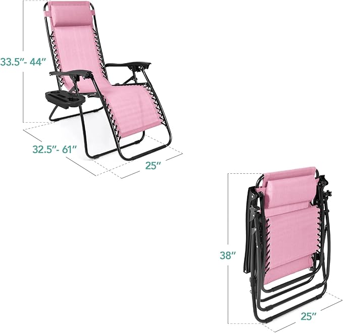 Best Choice Products Set of 2 Adjustable Steel Mesh Zero Gravity Lounge Chair Recliners w/Pillows and Cup Holder Trays - Bubblegum Pink/Black BestChoiceProducts