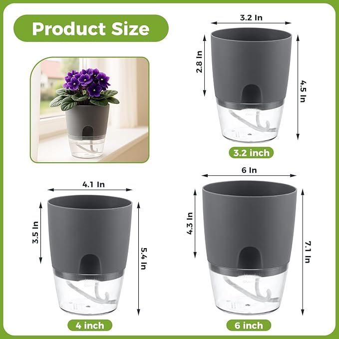 8 Pack Self Watering Pots for Indoor Plants, PlanterHoma 3.2 Inch Plant Pot Plastic Self Watering Planter for Orchid, African Violet, Mini Clear Flower Pots with Drainage Holes and Wicking Rope, Grey Planterhoma