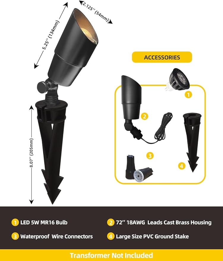COLOER Brass Low Voltage Landscape Spotlight(Black) 12-Pack with 5W Aluminum Housing MR16 LED Bulb 2700K 450LM CRI85+,12V AC/DC Outdoor Uplighting, Directional Garden Patio Spot Up Light(101B-Black) COLOER
