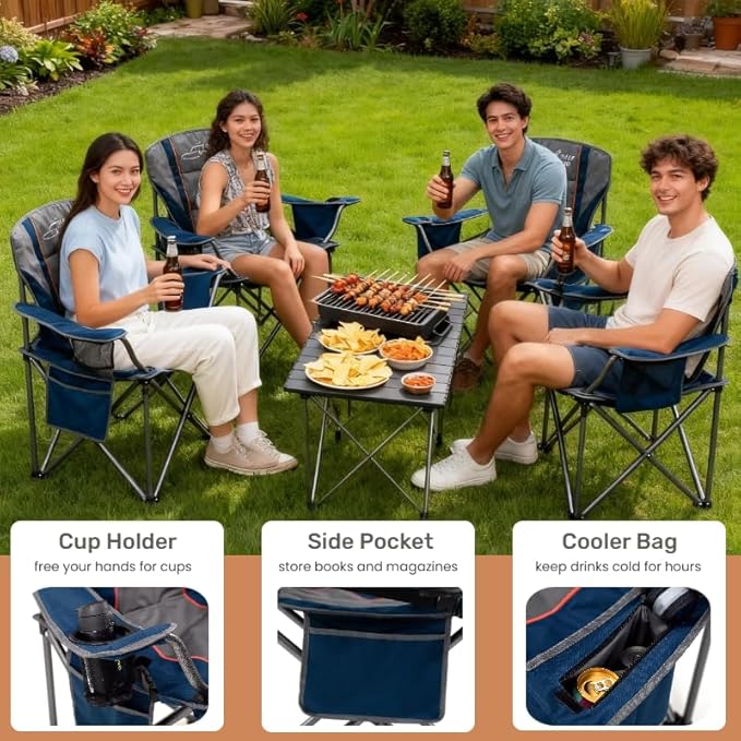 FAIR WIND Heavy Duty Camping Chair, Oversized Padded Folding Chair for Big and Tall (450lbs), Extra Wide Seat with Integrated Cooler & Storage Pocket, Adjustable Lumbar Support for Outdoor FAIRWINDOutdoorEquipment